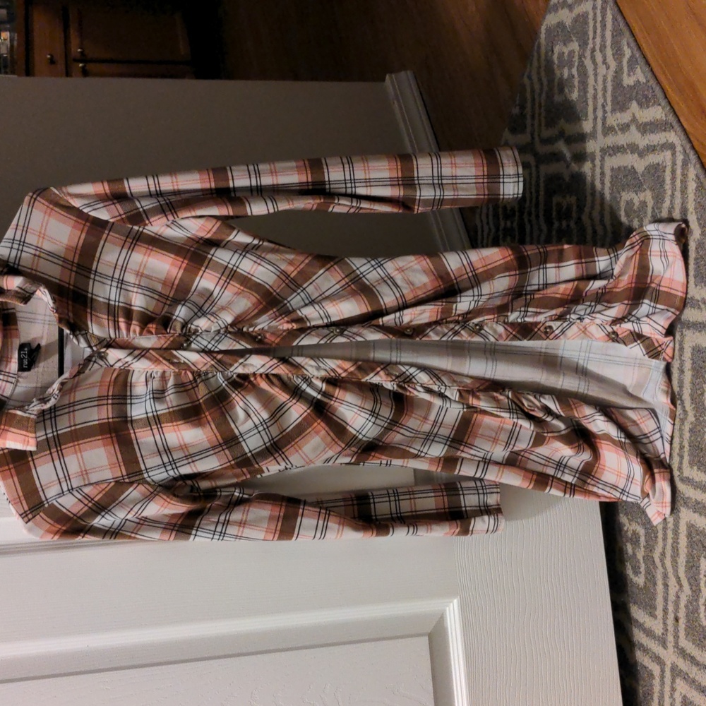 Pink brown plaid button down dress